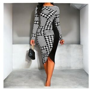 Houndstooth Bodycon Dress, Long Sleeve Boat Neck Elegant Dress